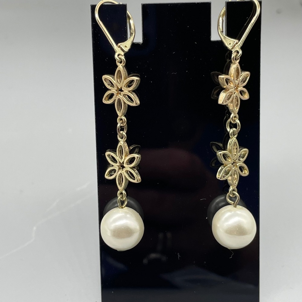 Gold Tone Double Flower Faux Pearl Drop Lever Back‎ Earrings Bridal Wedding Boho